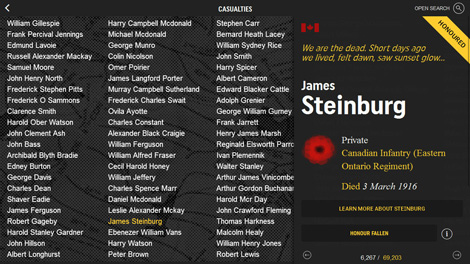 The First World War memorial installation website, casualty list